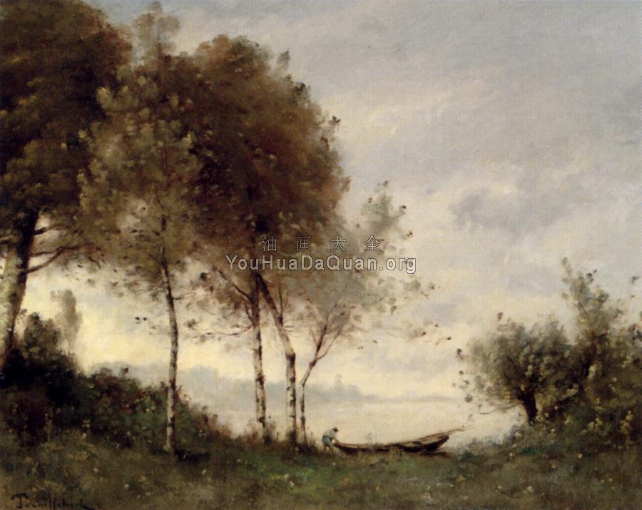 Boatman On A River Landscape - 保罗·德西雷·特鲁伊贝尔